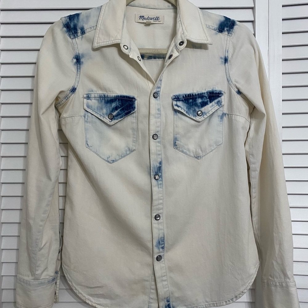 Madewell Western Pearl Snap Denim Shirt Bleach Light Blue Wash Women's  Size XS